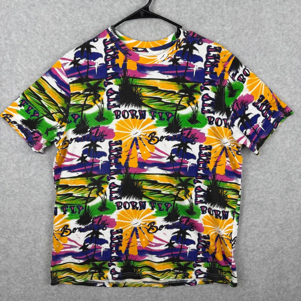 Born Fly Mens Large T-Shirt All Over Tropical Palm Tree Graphic Multi-Color Tee